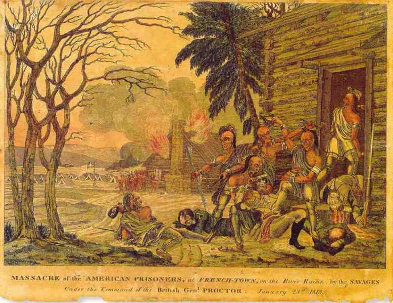 Massacre of American prisoners at Frenchtown on the River Raisin. American recruiting broadside. Artist unknown.